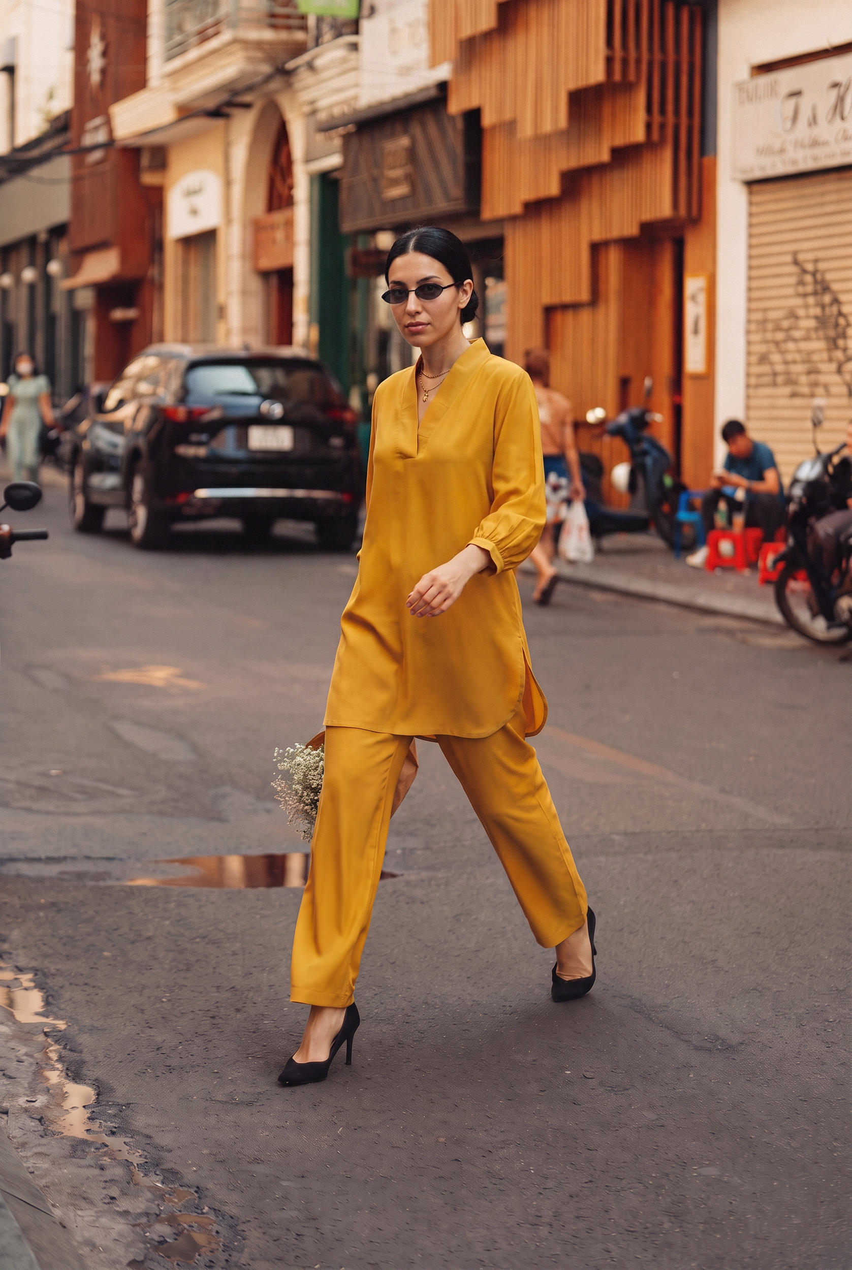 Lavender Crepe Co-ord Set worn by model, street style